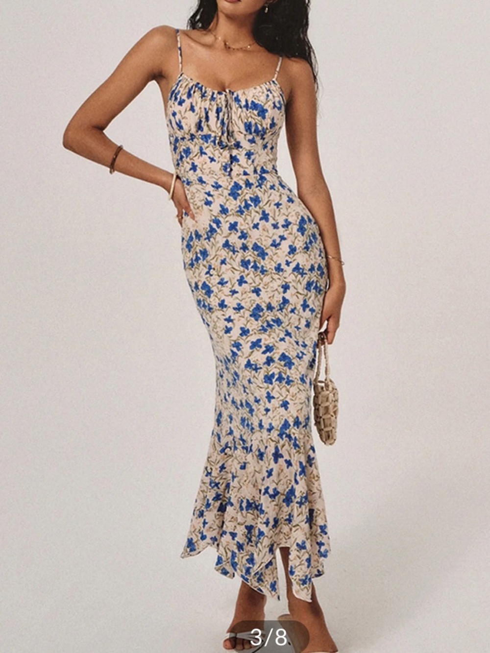 Commense Cream Maxi Dress with Blue Floral Print and Knot Detail size M - Picture 3 of 10